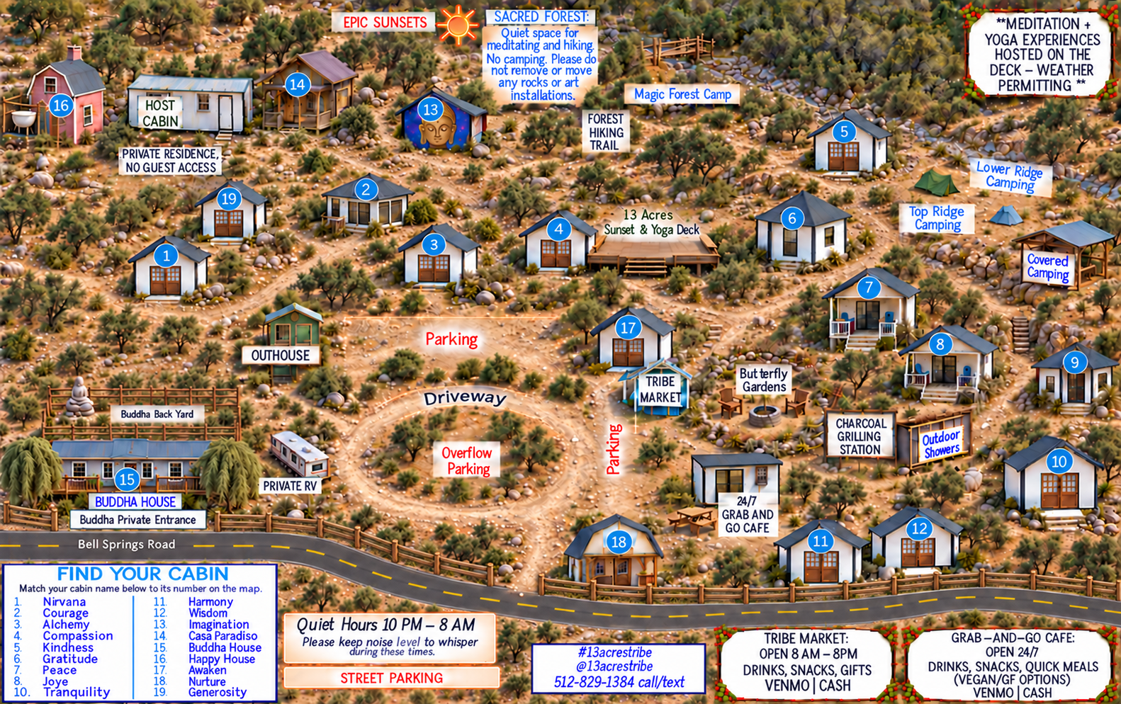 Illustrated 13 Acres property map with numbered cabins, parking, trails, sunset deck, restrooms, and outdoor showers